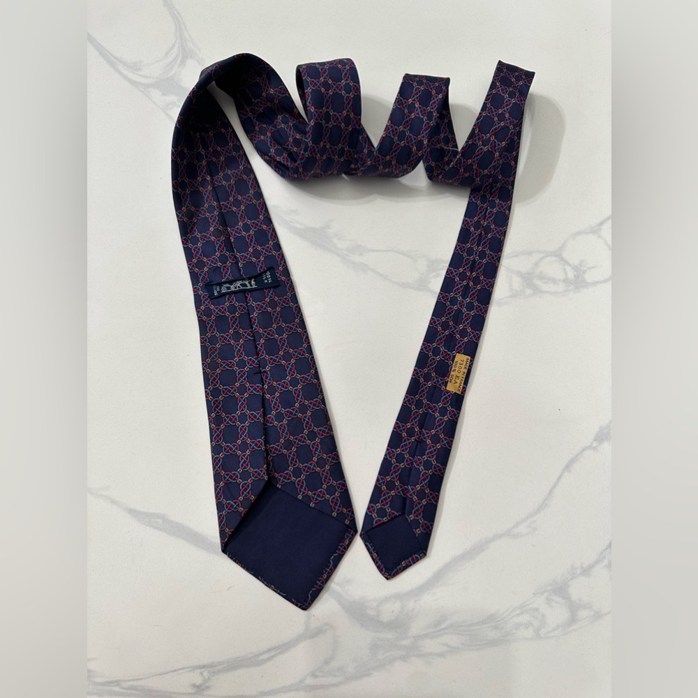 Hermes Tie Silk Chain Link Pattern Geometric Print - Picture 4 of 8